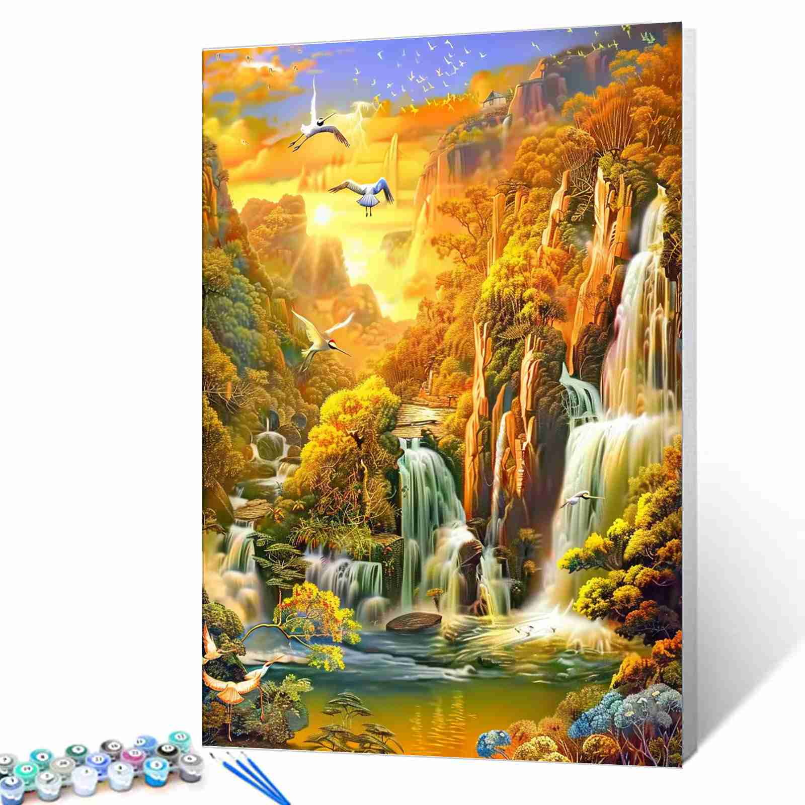 tucocoo-golden-sunset-waterfall-malen-nach-zahlen-40x50-kranich image 1