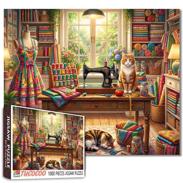 tucocoo-jigsaw-puzzles-cozy-sewing-studio-cats-puzzle-1000-teile image 1