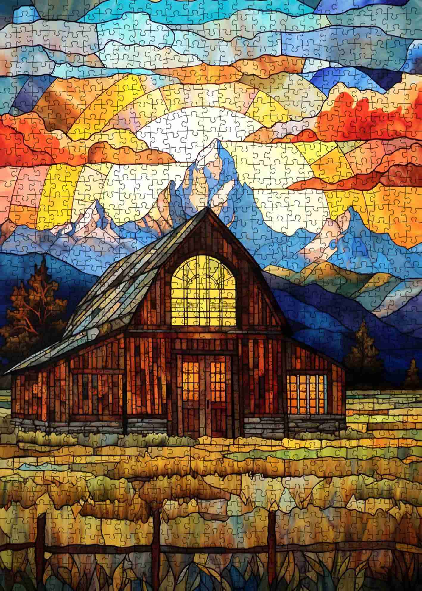 tucocoo-stained-glass-mountain-barn-puzzle-1000-teile-landschaft image 2