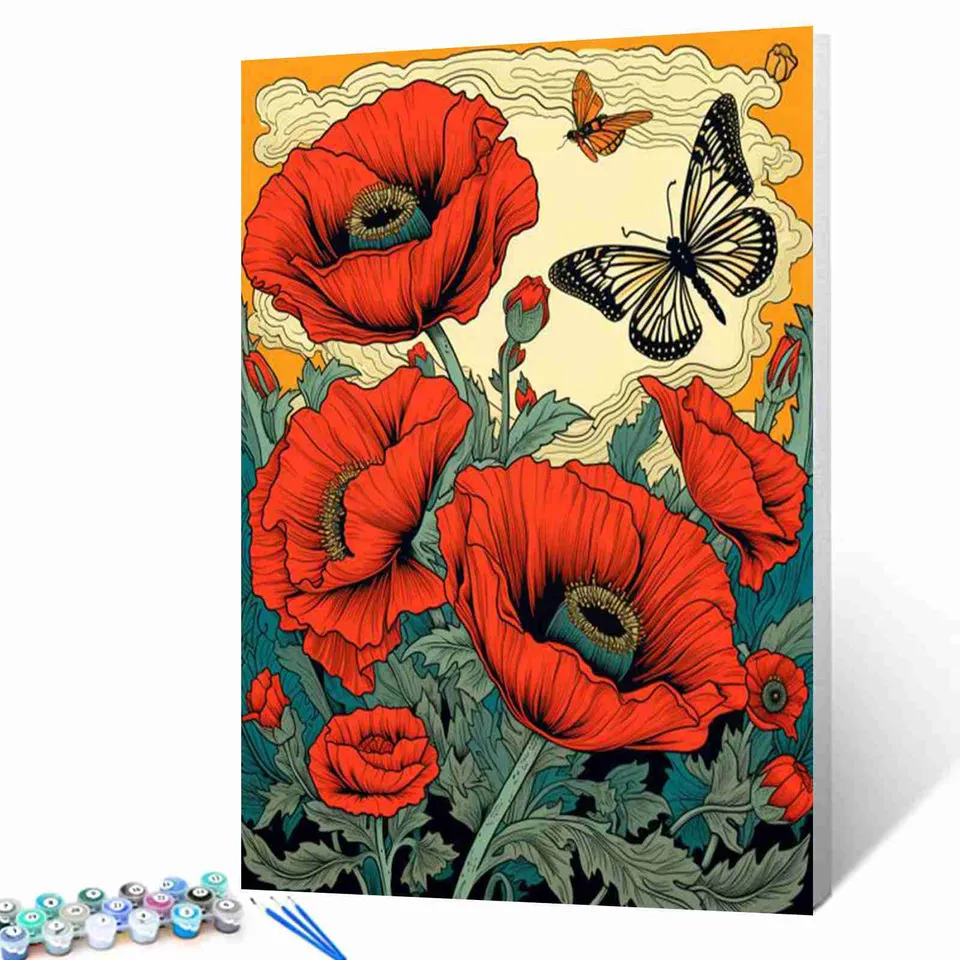 tucocoo-bold-red-poppies-and-butterflies-malen-nach-zahlen-40x50 image 1