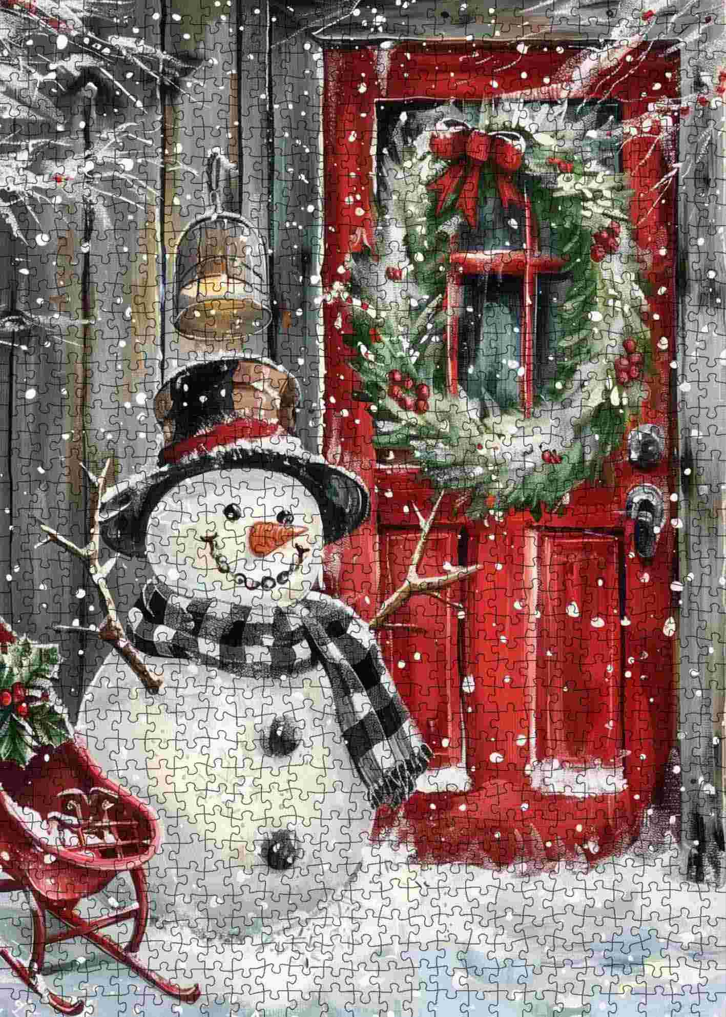 tucocoo-snowman-at-red-door-puzzle-1000-teile-weihnachten image 2