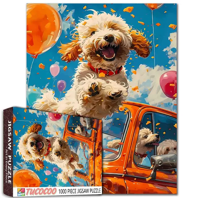 tucocoo-happy-dog-jumping-out-of-car-puzzle-1000-teile-hund image 1