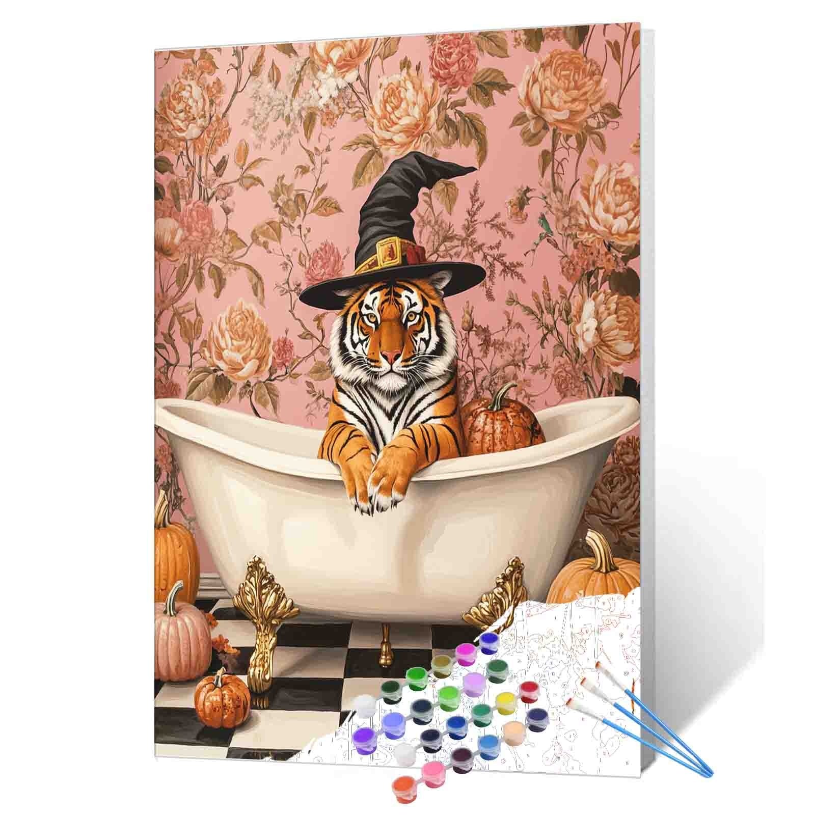 tucocoo-witch-hat-tiger-in-bathtub-malen-nach-zahlen-ohne-rahmen image 1
