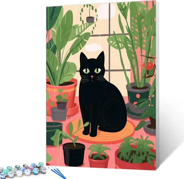 tucocoo-black-cat-potted-plant-malen-nach-zahlen-katze-40x50 image 1
