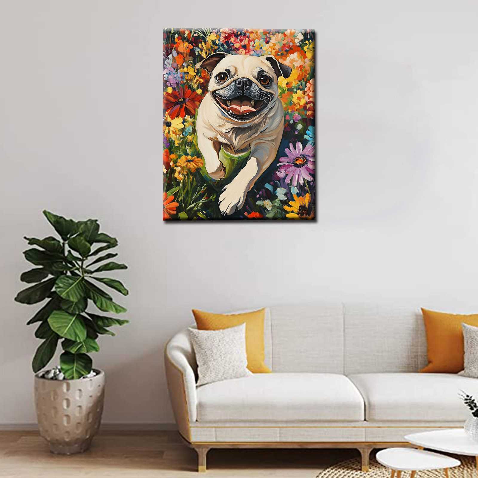 tucocoo-happy-pug-blumenfeld-leinwandbild-30x40cm-gerahmt image 2