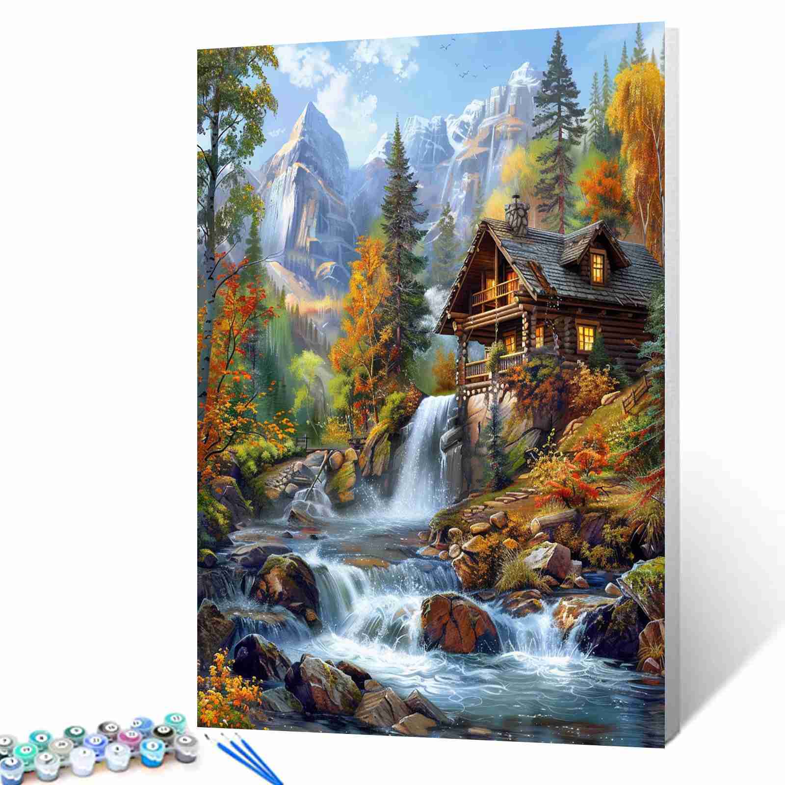 tucocoo-alpine-cabin-waterfall-malen-nach-zahlen-40x50-ohne-rahmen-berge image 1