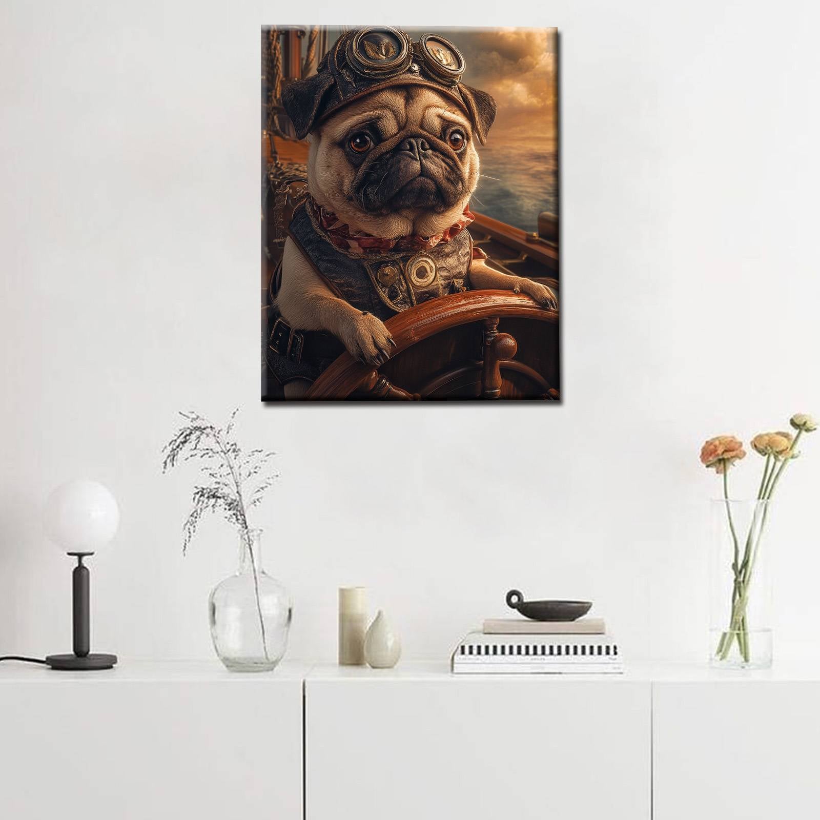 tucocoo-steampunk-captain-pug-at-the-helm-leinwandbild-30x40-gerahmt image 2