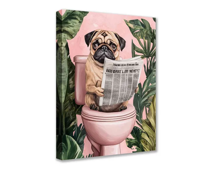tucocoo-mops-mit-zeitung-leinwandbild-30x40cm-gerahmt-rosa image 1