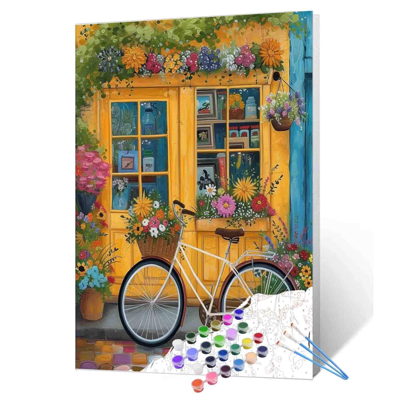 tucocoo-yellow-shopfront-flower-bike-malen-nach-zahlen-40x50 image 1