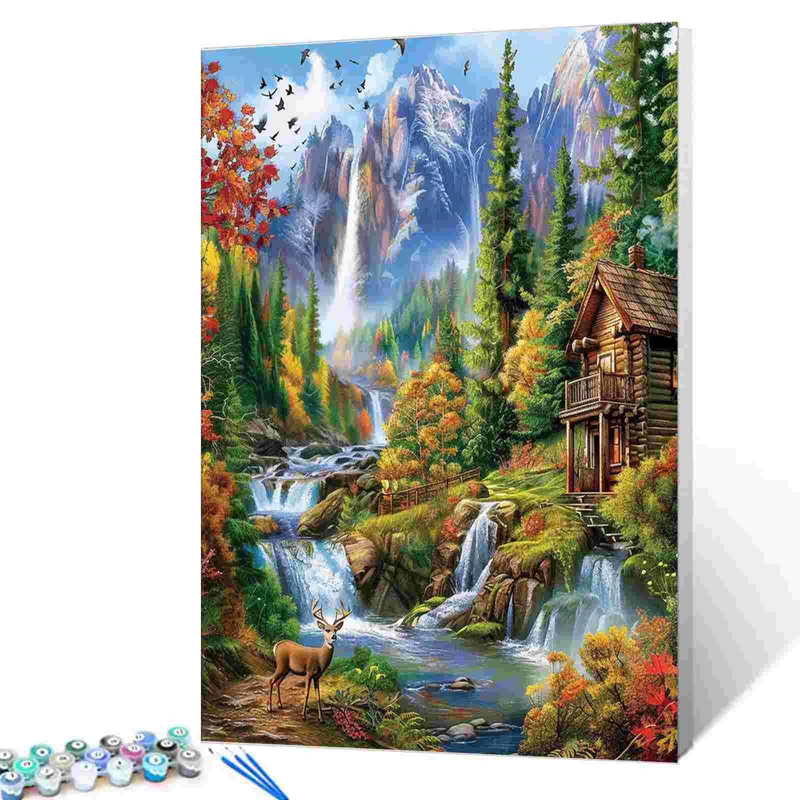 tucocoo-forest-cabin-waterfall-malen-nach-zahlen-40x50-ohne-rahmen-herbst image 1