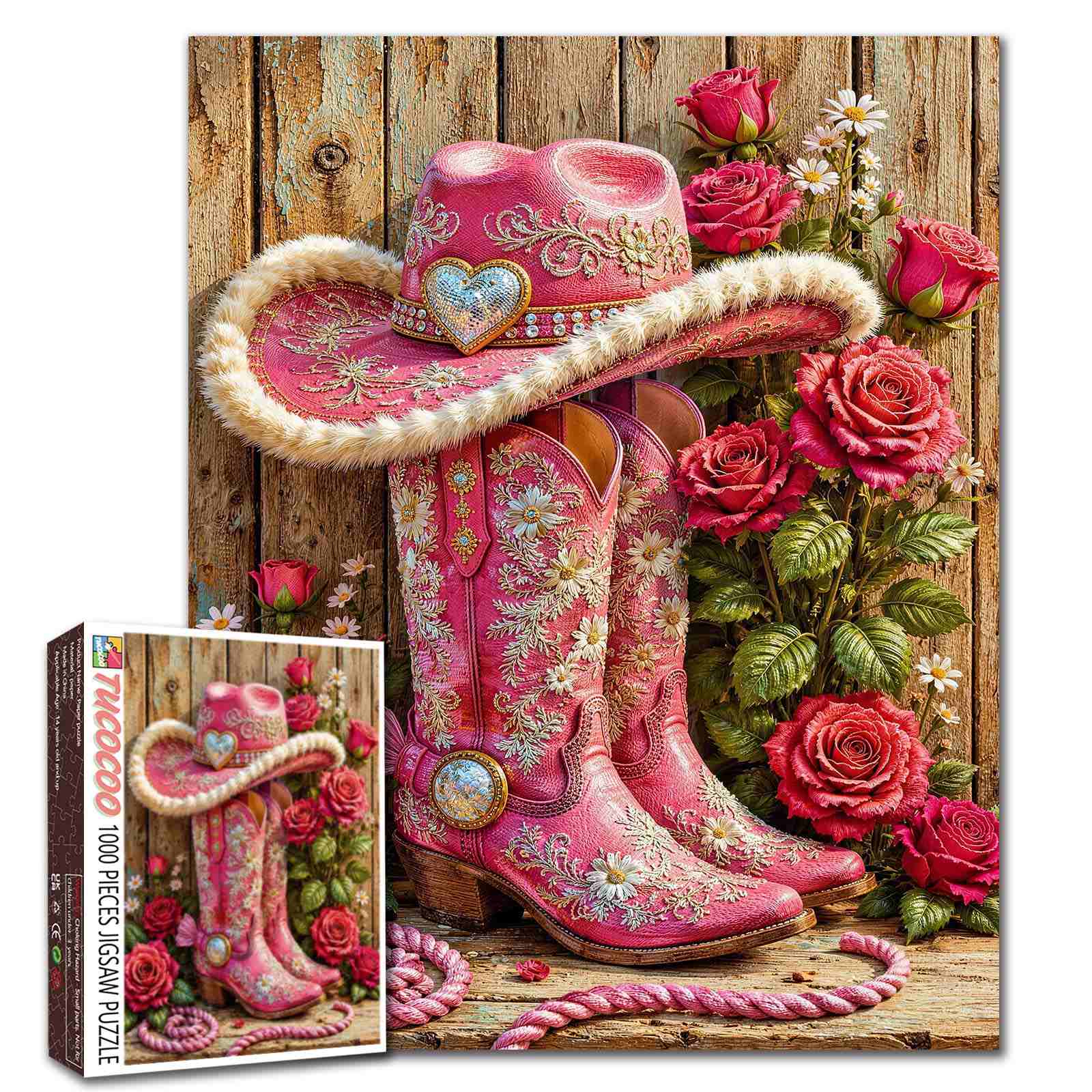 tucocoo-pink-cowgirl-boots-roses-puzzle-1000-teile-rosa image 1