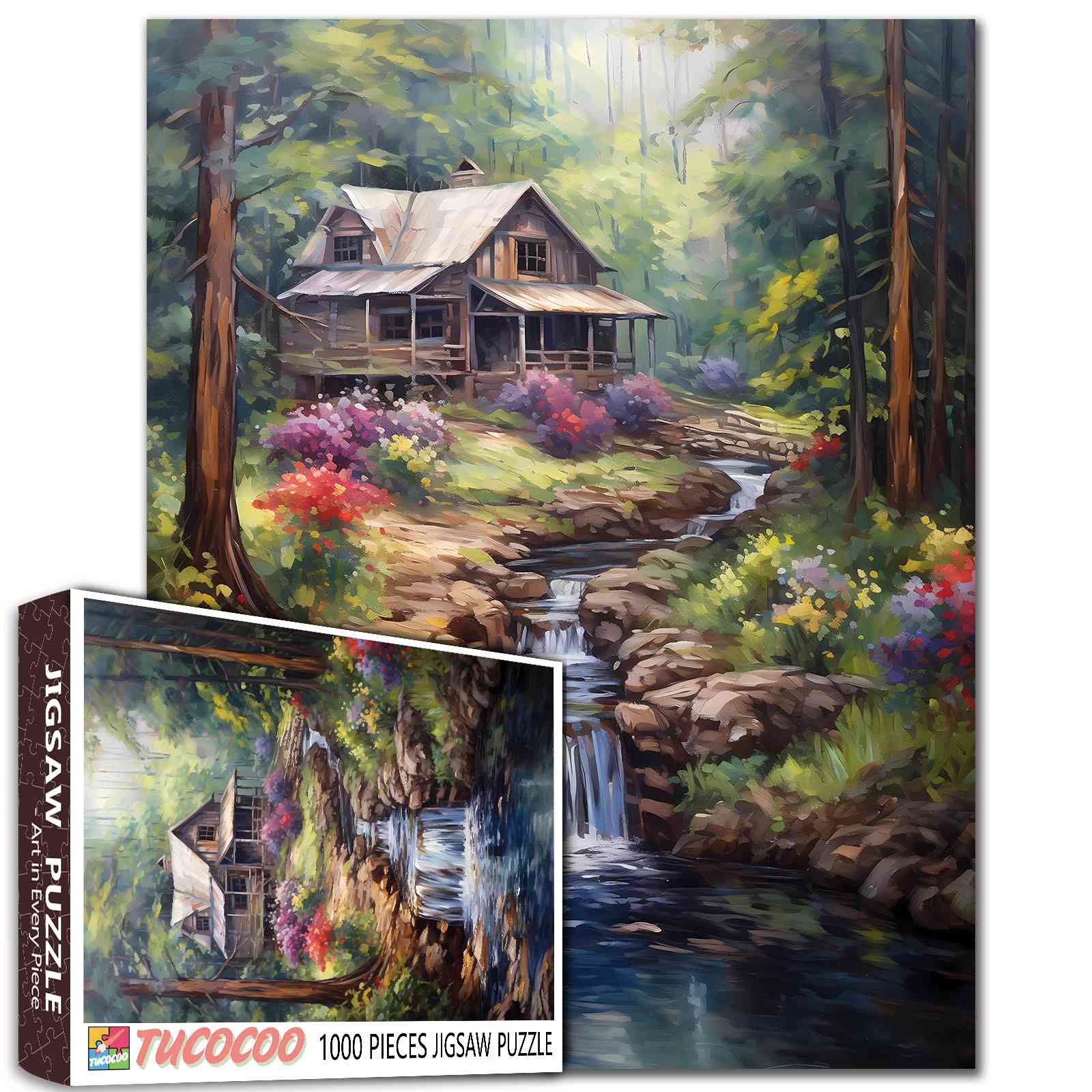 tucocoo-forest-waterfall-rustic-wood-cabin-puzzle-1000-teile-landschaft image 1