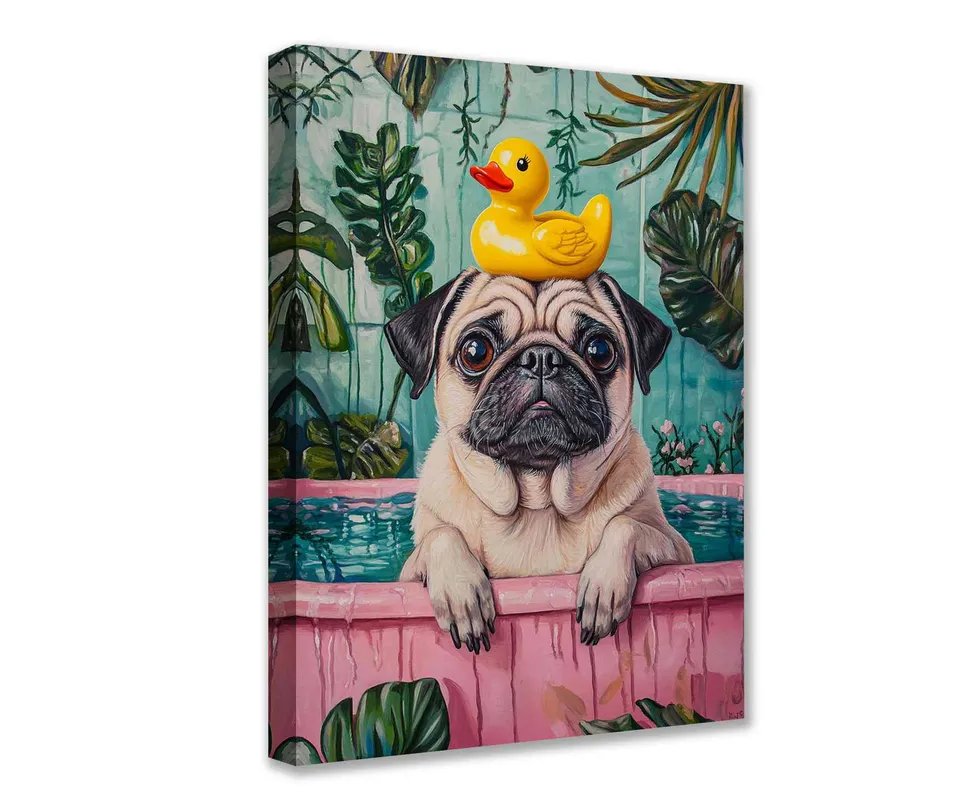 tucocoo-bathtub-pug-with-rubber-duck-leinwandbild-30x40-cm image 1