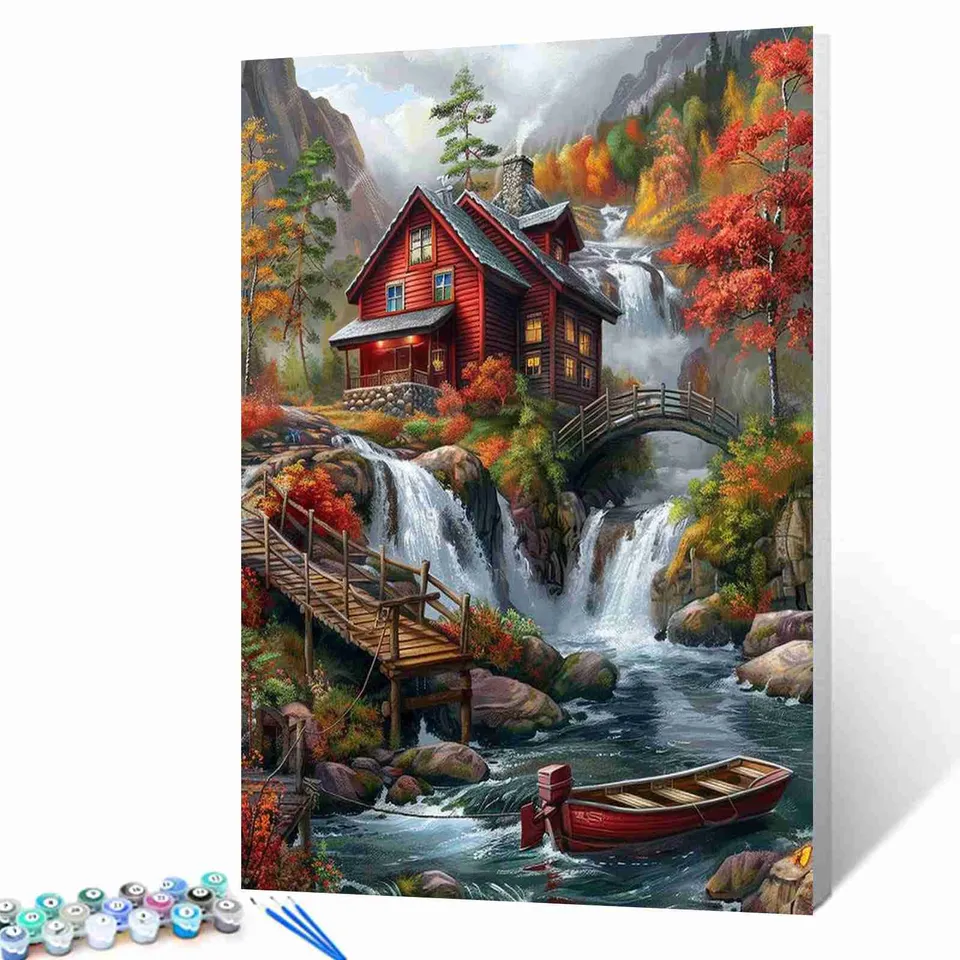tucocoo-paint-by-numbers-autumn-lake-cabin-malen-nach-zahlen-ohne-rahmen-herbst image 1
