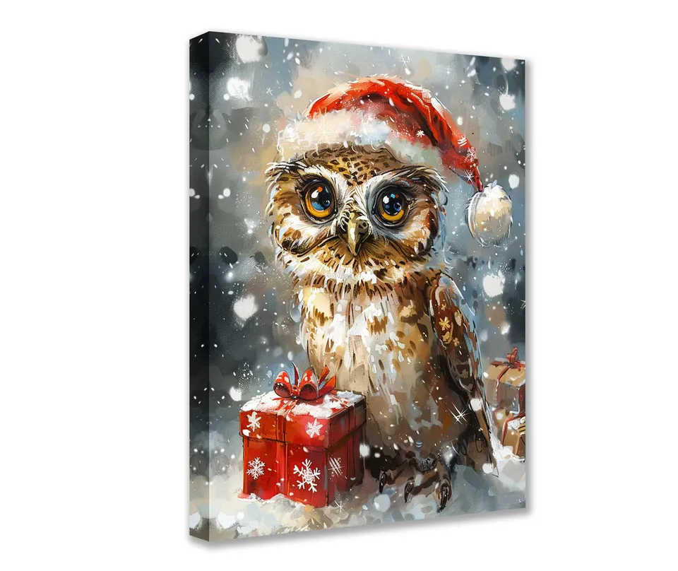 tucocoo-santa-owl-with-gift-in-snowy-christmas-leinwandbild image 1
