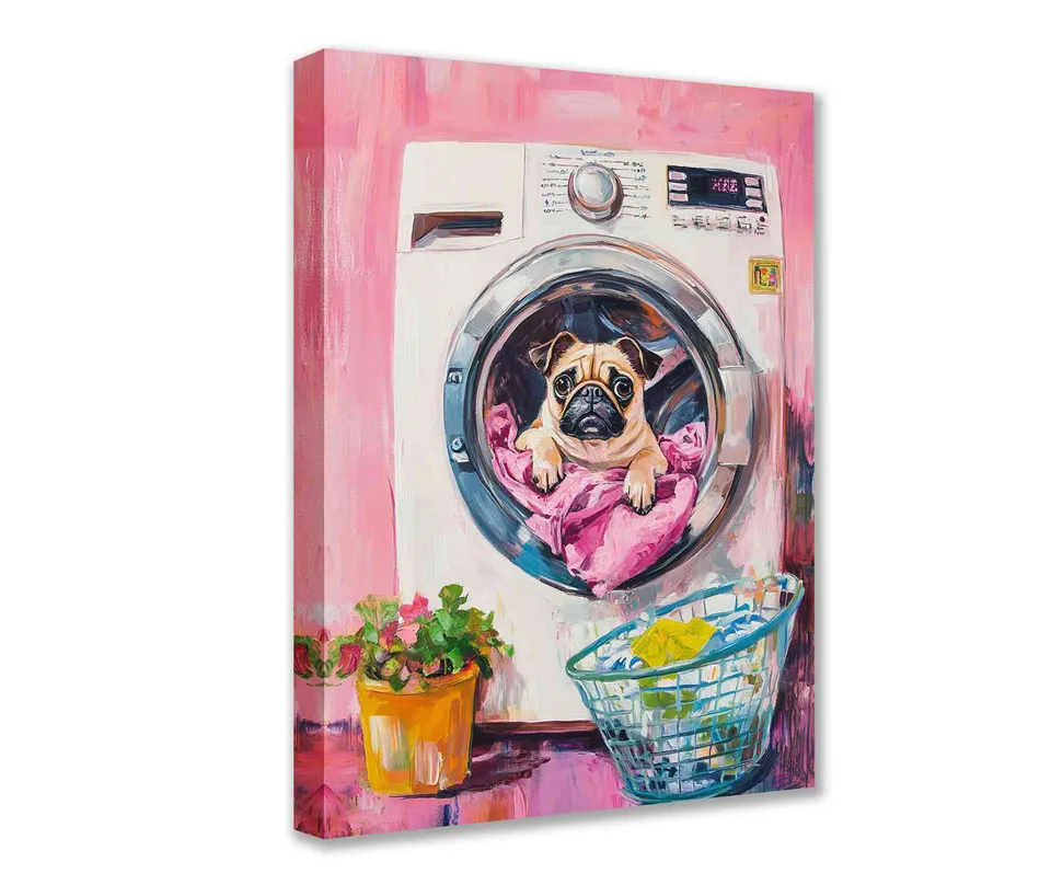 tucocoo-mops-waschmaschine-leinwandbild-30x40cm-gerahmt image 1