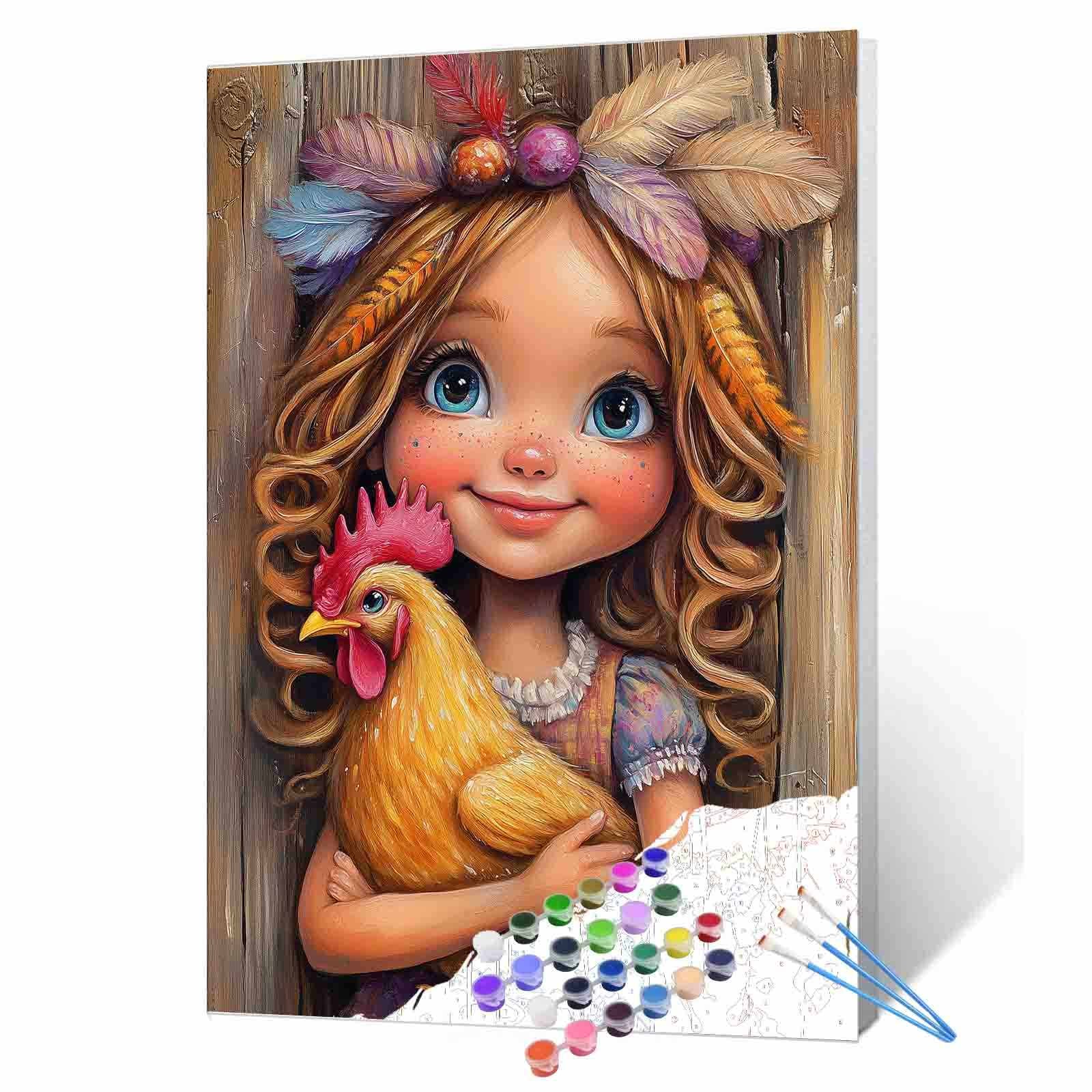 tucocoo-paint-by-numbers-farm-girl-and-chicken-malen-nach-zahlen-40x50 image 1