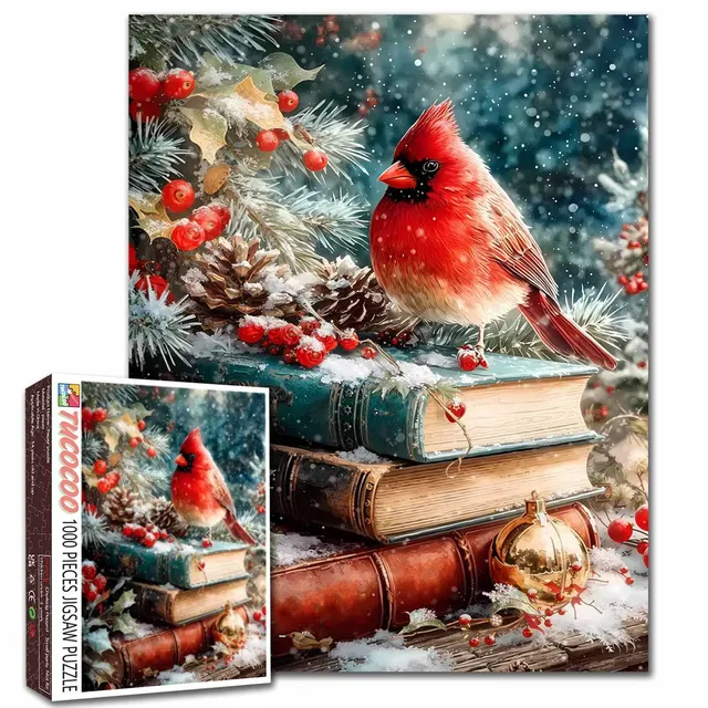 tucocoo-winter-cardinal-on-books-puzzle-1000-teile-winter image 1