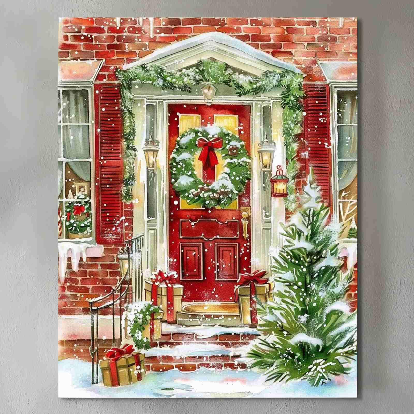 tucocoo-classic-red-door-with-holiday-wreath-leinwandbild-30x40-gerahmt image 2