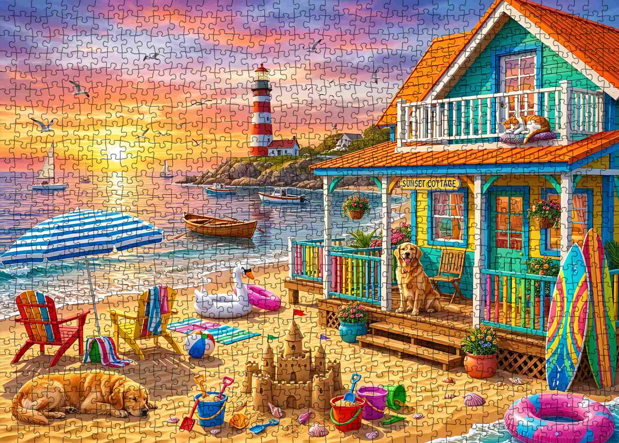 tucocoo-sunset-lighthouse-beach-cottage-puzzle-1000teile image 2