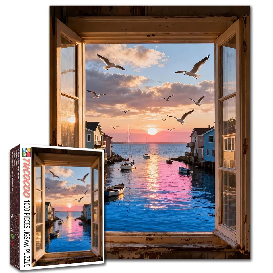 tucocoo-jigsaw-seaside-sunset-window-view-puzzle-1000-teile-meer image 1