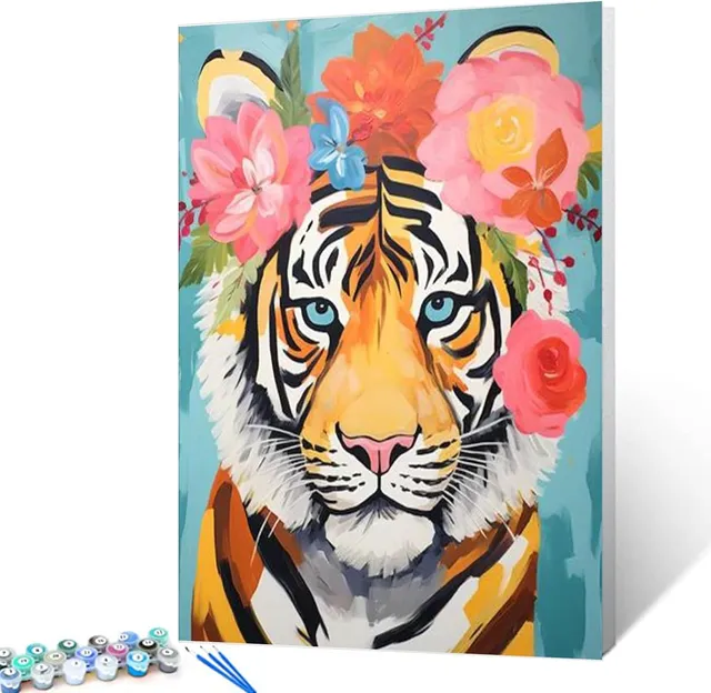 tucocoo-paint-by-numbers-tiger-blumenkranz-malset-40x50 image 1