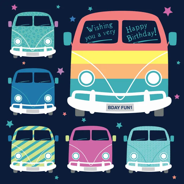 otter-house-pattern-campervans-geburtstagskarte-bunt image 1