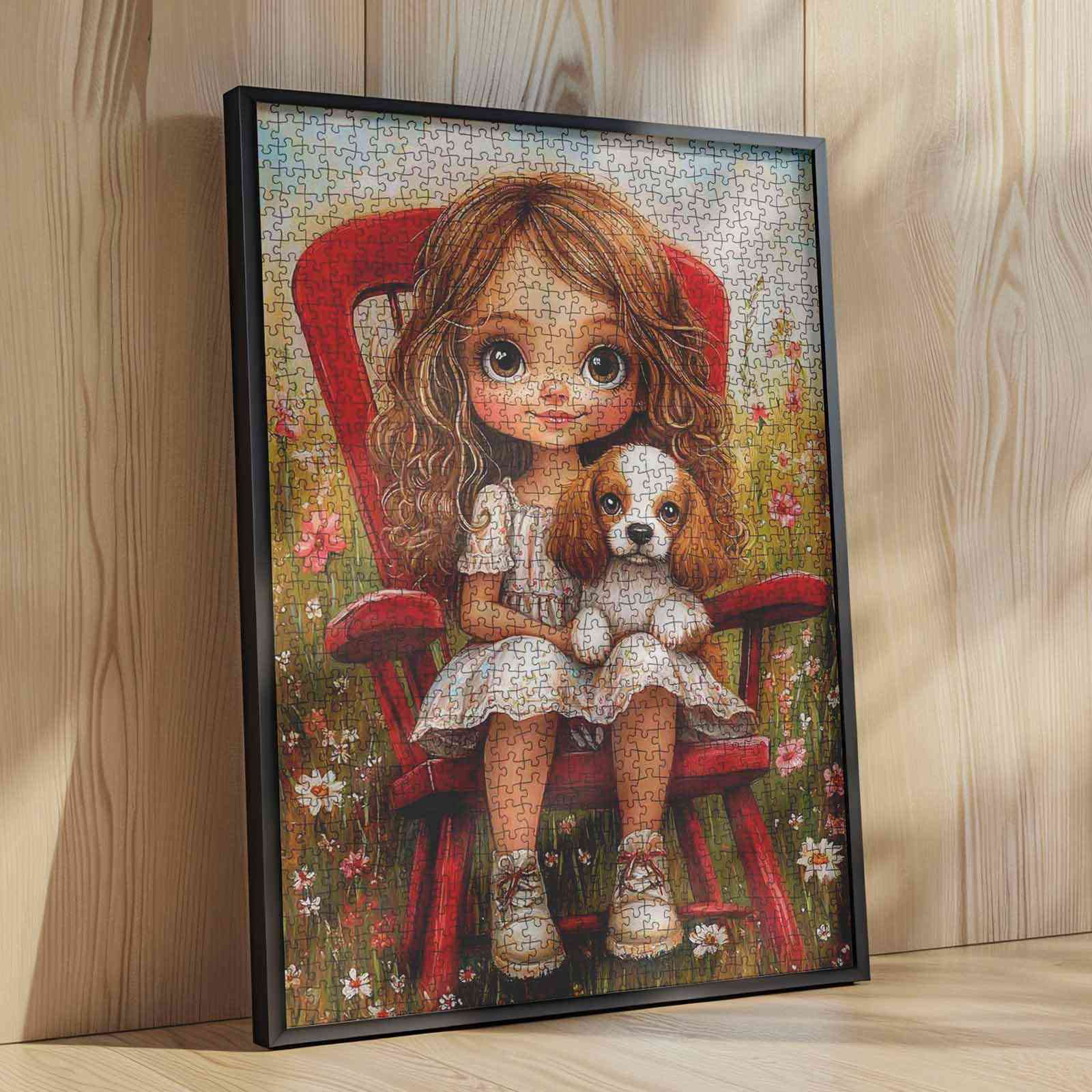tucocoo-girl-with-puppy-on-red-chair-puzzle-1000-teile-blumen image 4