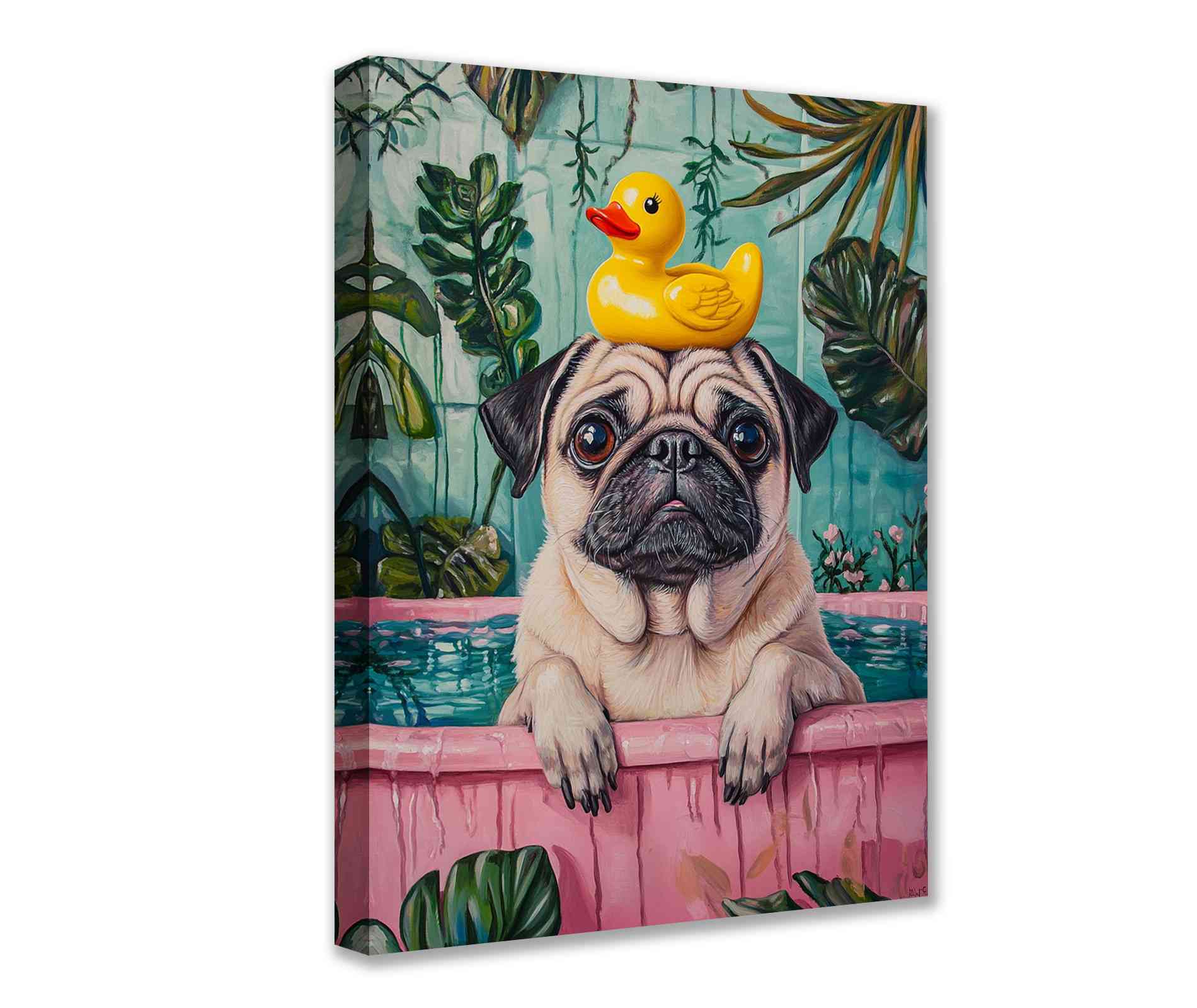 tucocoo-bathtub-pug-with-rubber-duck-leinwandbild-30x40-cm image 1