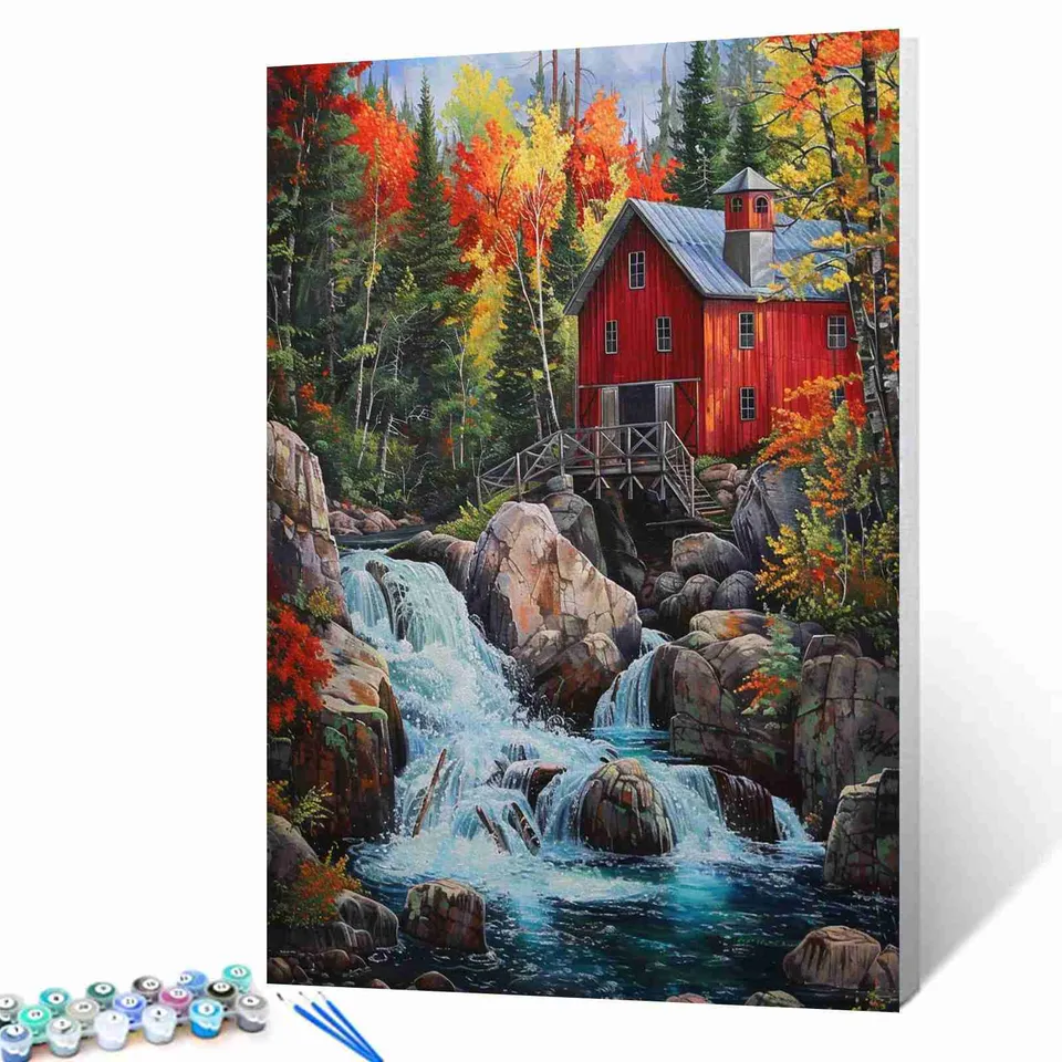 tucocoo-red-barn-waterfall-malen-nach-zahlen-40x50-ohne-rahmen-scheune image 1