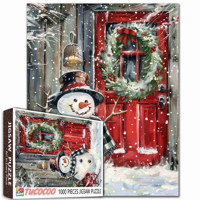 tucocoo-snowman-at-red-door-puzzle-1000-teile-weihnachten image 1