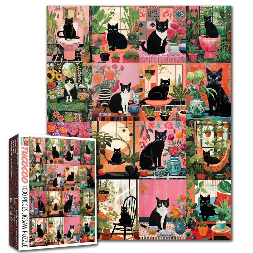 tucocoo-botanical-black-cat-puzzle-1000-teile-katzen image 1
