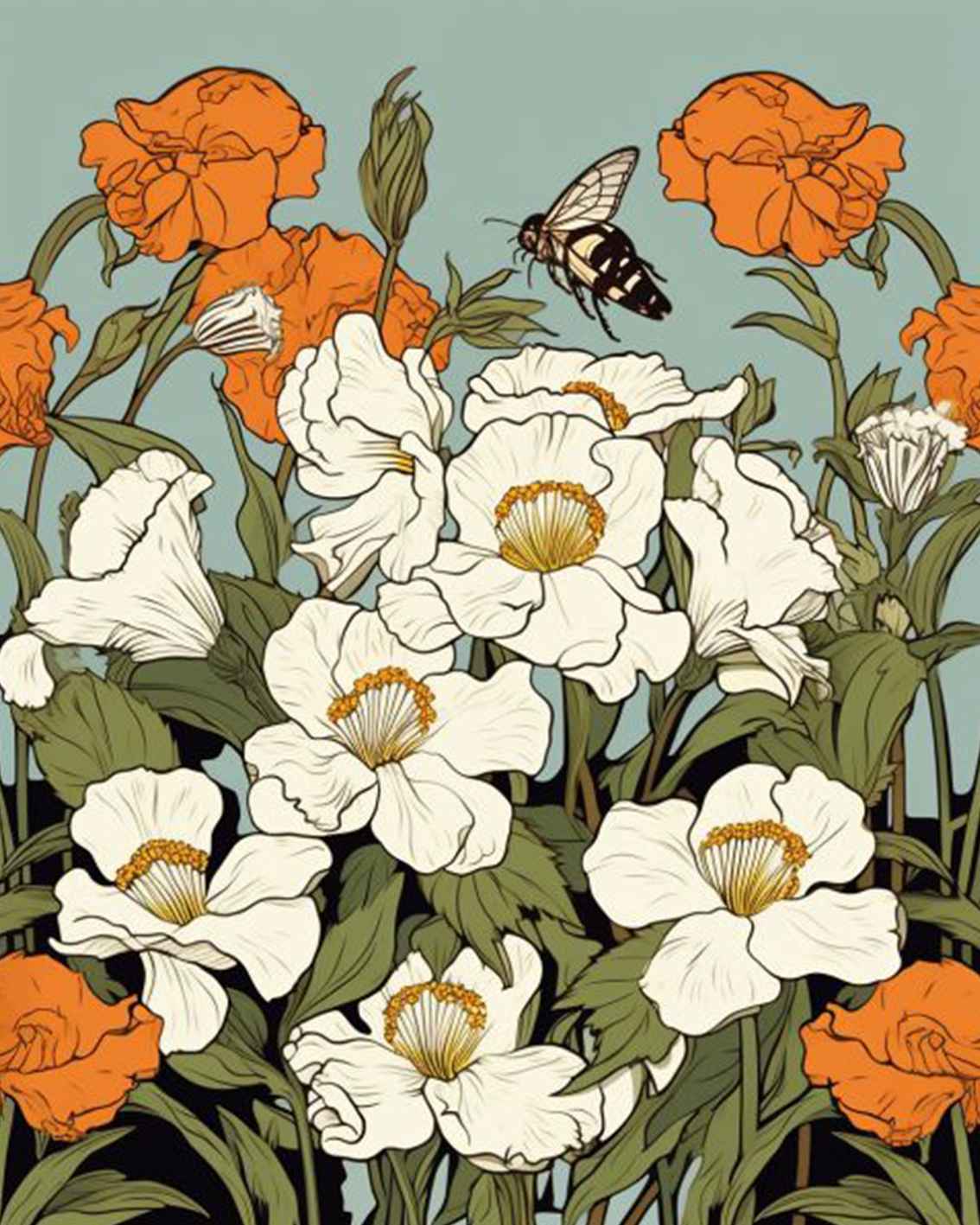 tucocoo-white-orange-flowers-bee-malen-nach-zahlen-40x50 image 2