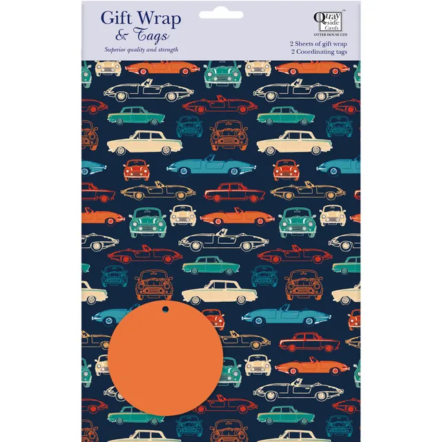 otter-house-classic-cars-geschenkpapier-2-bogen-2-anh-nger image 1