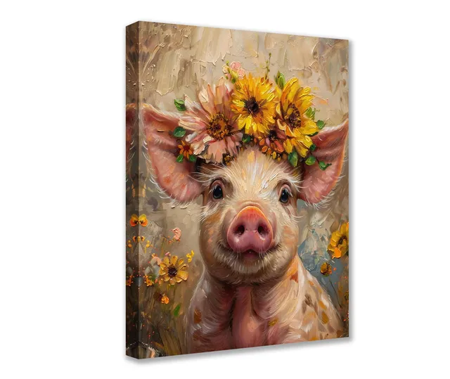 tucocoo-piglet-sunflower-crown-leinwandbild-30x40-cm-gerahmt image 1