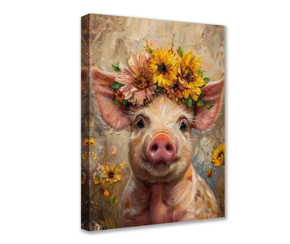 tucocoo-piglet-sunflower-crown-leinwandbild-30x40-cm-gerahmt image 1
