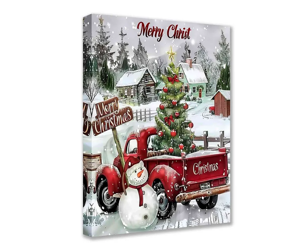 tucocoo-vintage-red-truck-schneemann-leinwandbild-30x40cm image 1