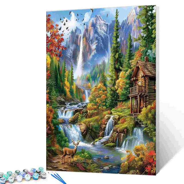 tucocoo-forest-cabin-waterfall-malen-nach-zahlen-40x50-ohne-rahmen-herbst image 1
