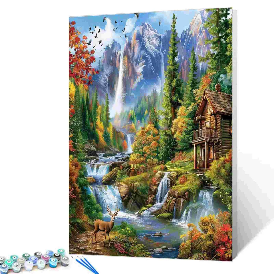 tucocoo-forest-cabin-waterfall-malen-nach-zahlen-40x50-ohne-rahmen-herbst image 1
