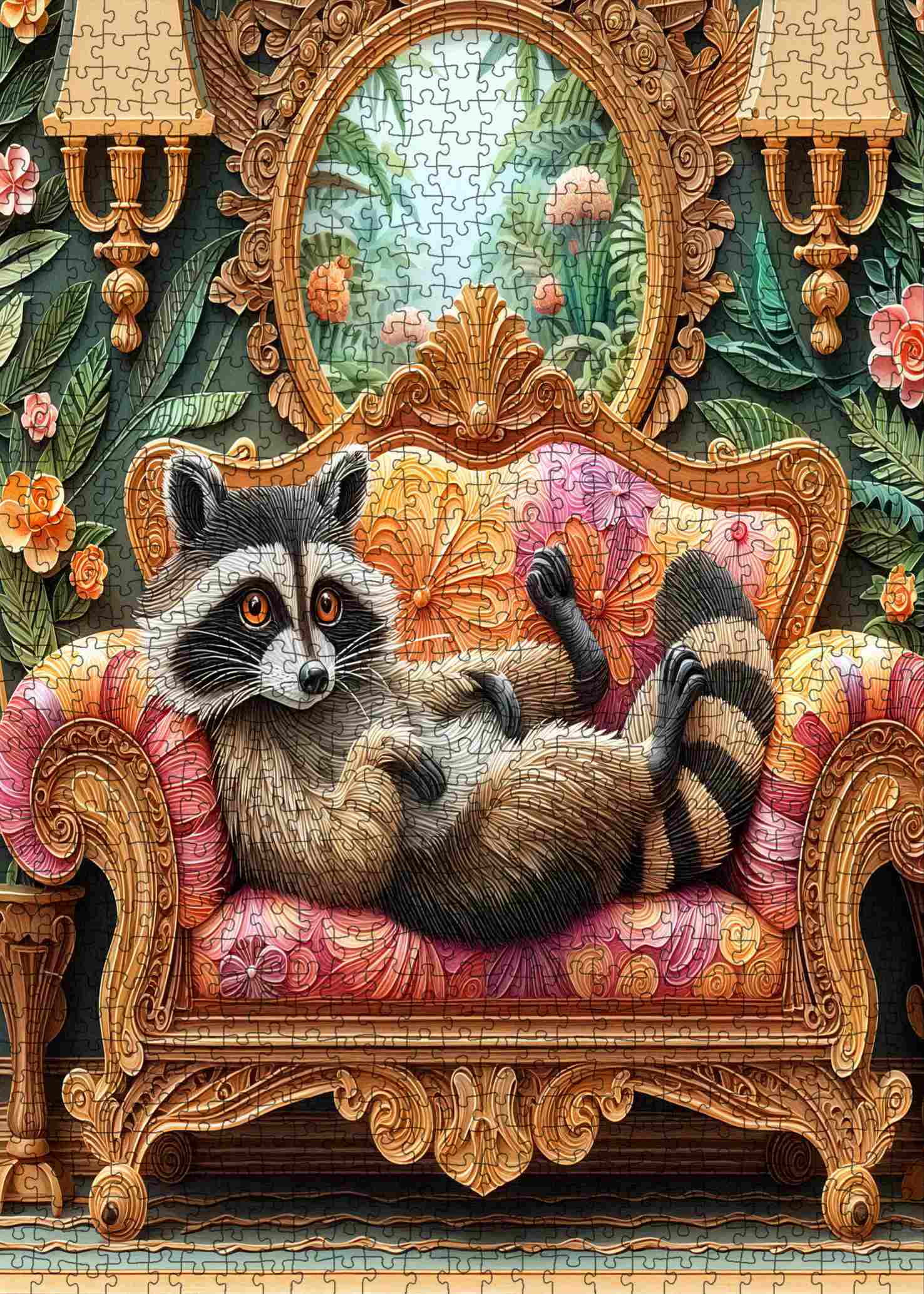 tucocoo-relaxed-raccoon-on-ornate-sofa-puzzle-1000-teile image 2