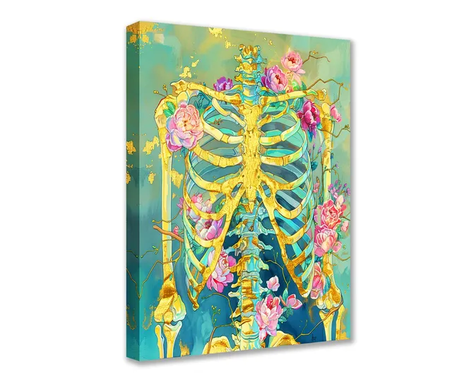 tucocoo-golden-skeleton-with-blooming-flowers-leinwandbild-30x40-gerahmt image 1