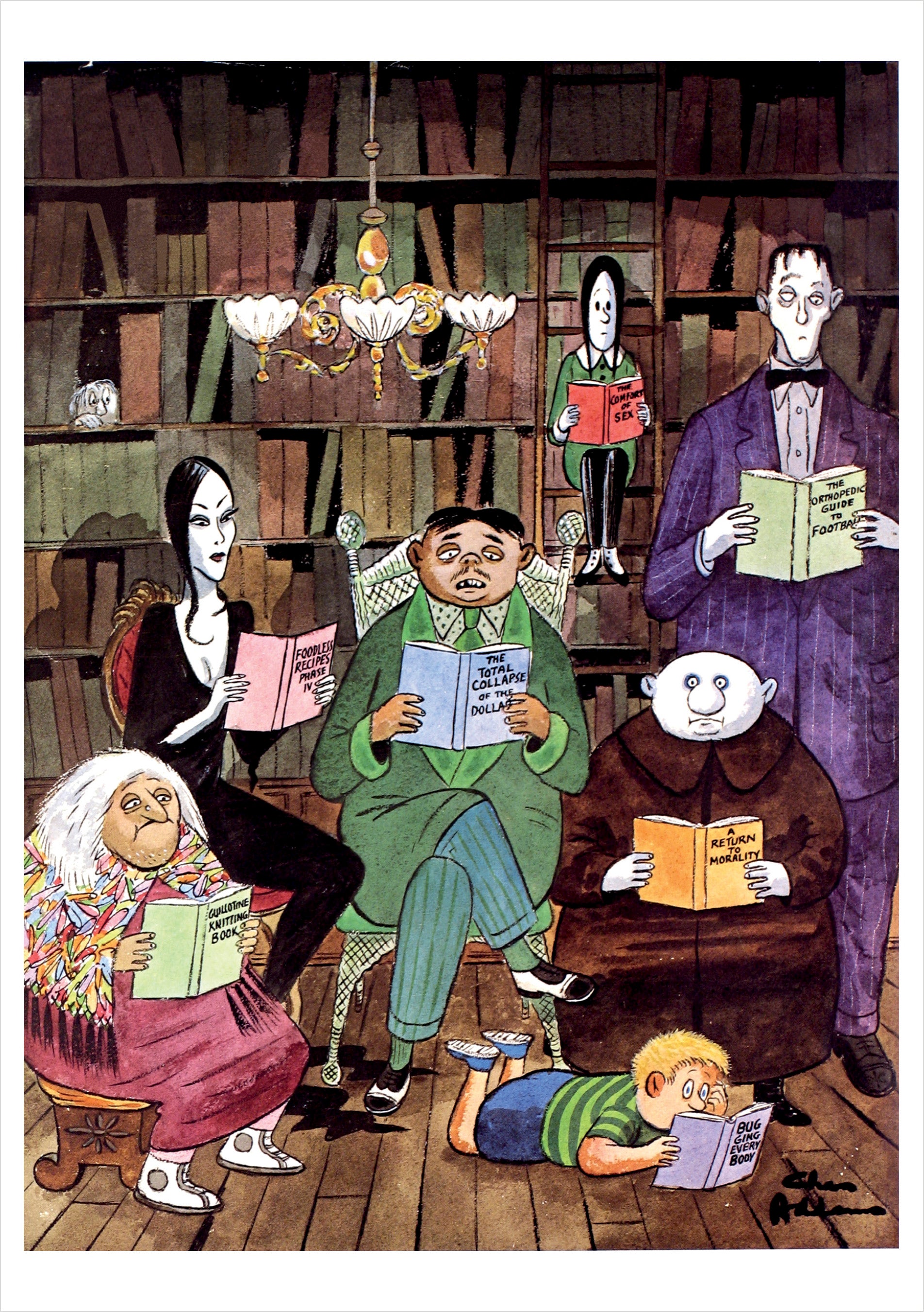 pomegranate-charles-addams-klappkarte-addams-family-reading-einzelkarte image 1