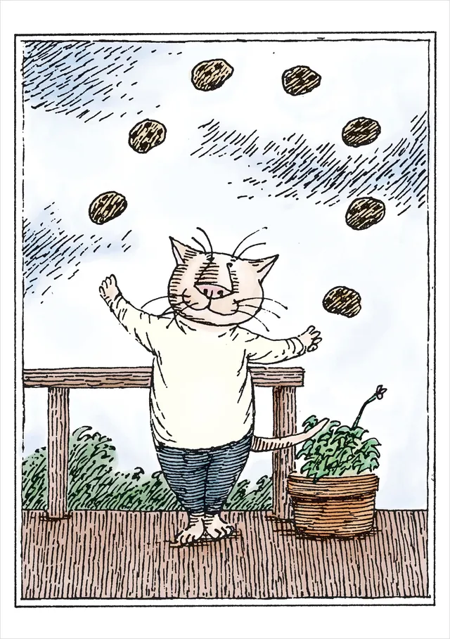 pomegranate-gorey-cat-juggling-cookies-geburtstagskarte image 1