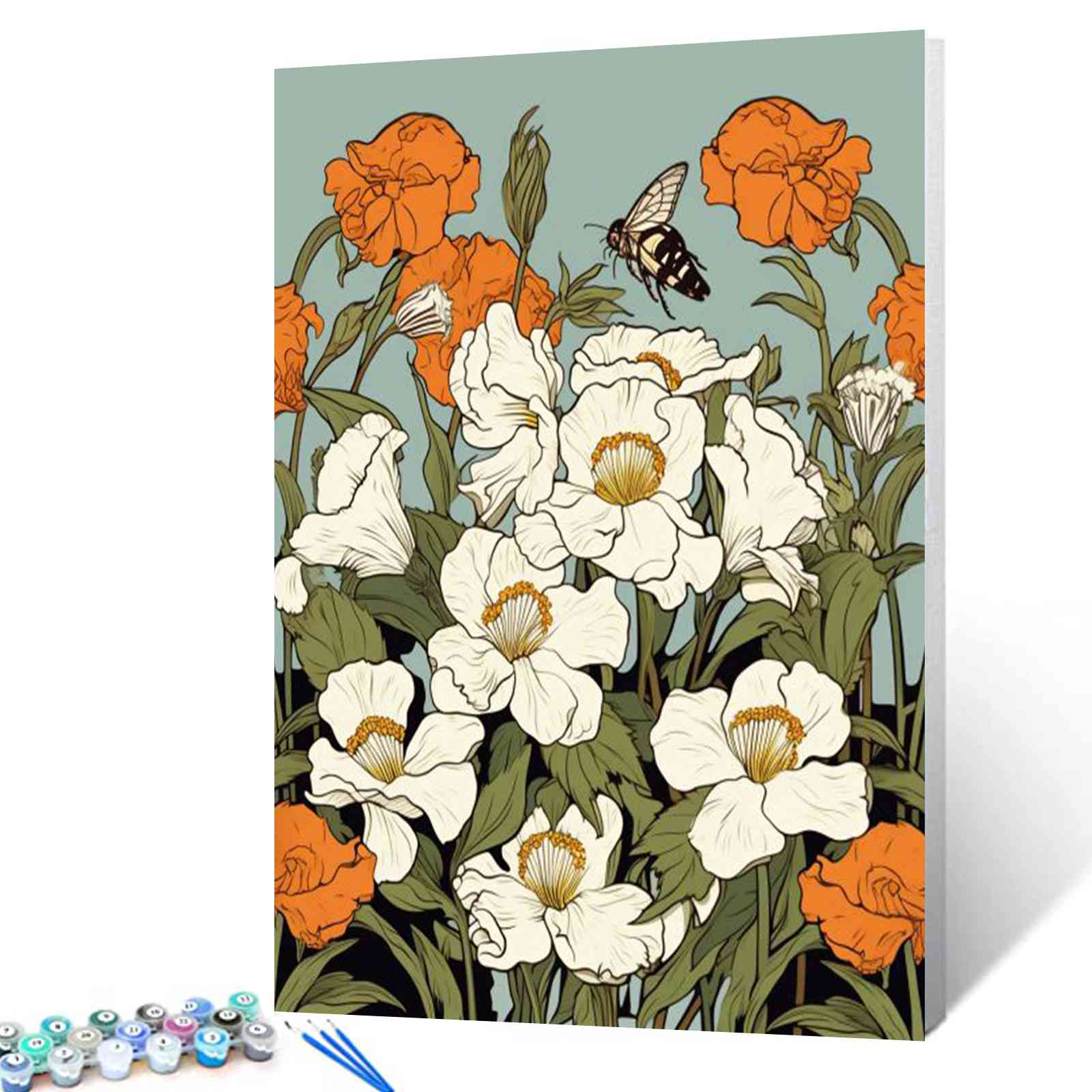 tucocoo-white-orange-flowers-bee-malen-nach-zahlen-40x50 image 1