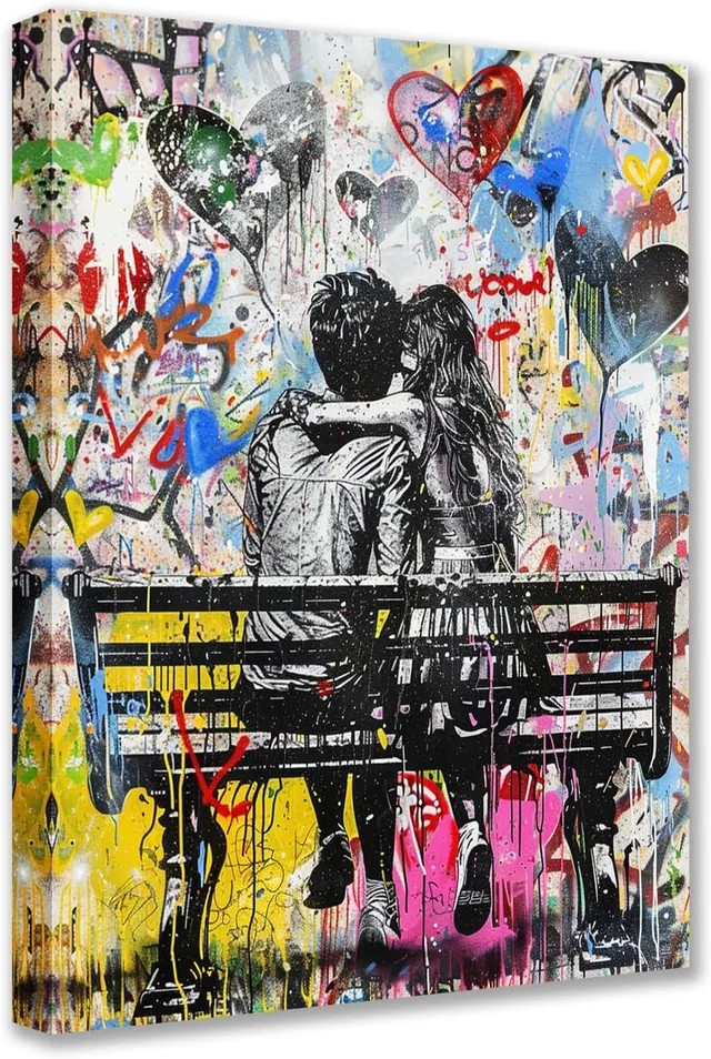 tucocoo-young-couple-park-bench-leinwandbild-graffiti-30x40 image 1