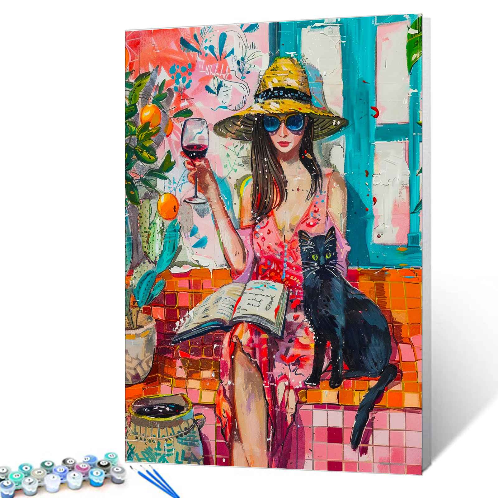 tucocoo-woman-hat-wine-cat-malen-nach-zahlen-40x50-ohne-rahmen image 1