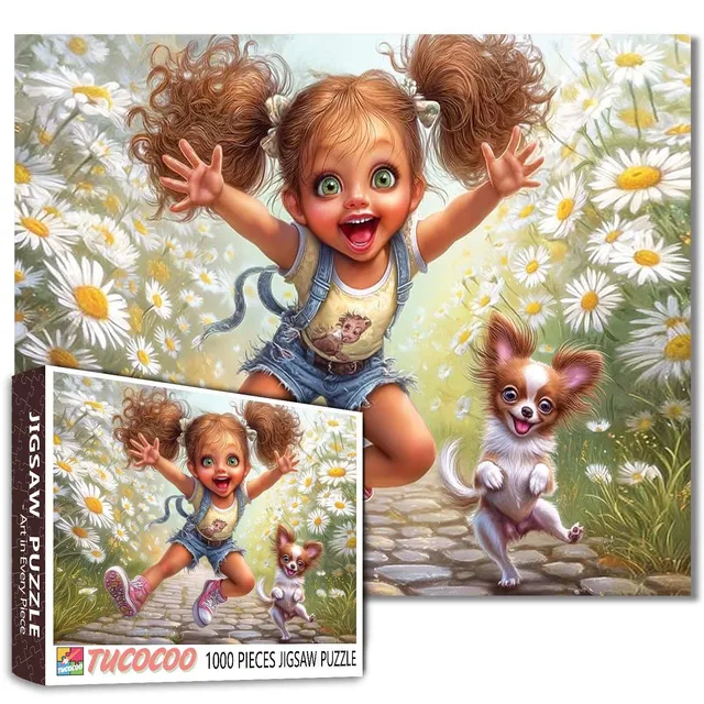 tucocoo-jigsaw-puzzles-happy-girl-daisy-field-puppy-puzzle-1000-teile image 1