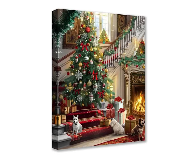 tucocoo-christmas-tree-and-dogs-by-fireplace-leinwandbild image 1