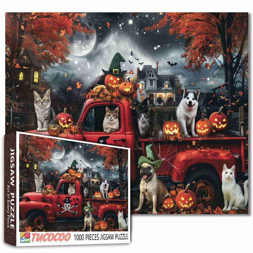 tucocoo-halloween-cats-and-dogs-truck-puzzle-1000-teile image 1