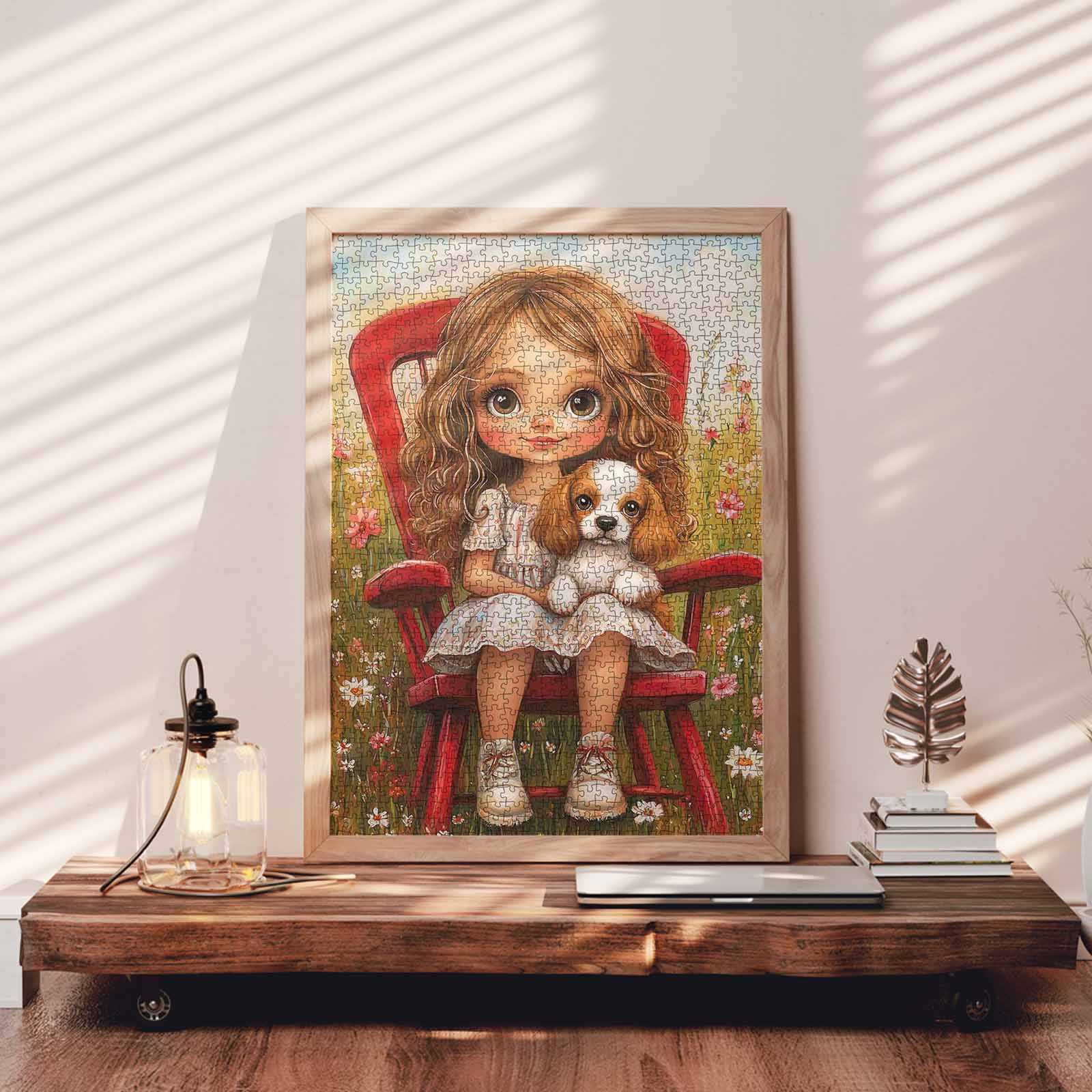tucocoo-girl-with-puppy-on-red-chair-puzzle-1000-teile-blumen image 3